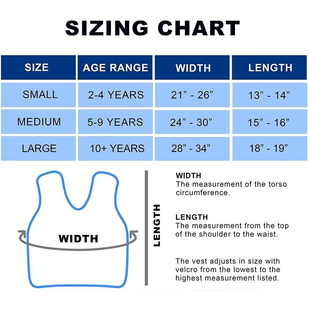 gravity vest for autistic children - size chart